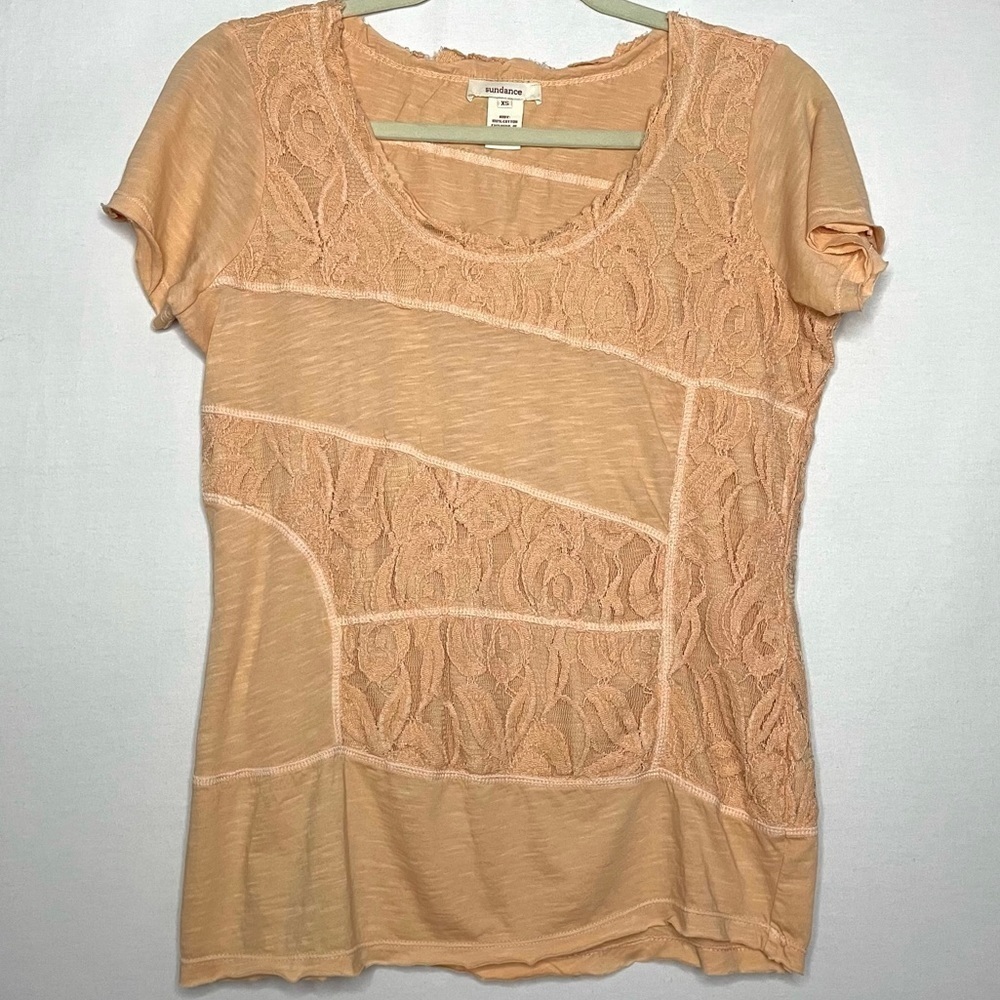 Sundance Boho Floral Lace Contrast Cotton T-Shirt Blouse Top
